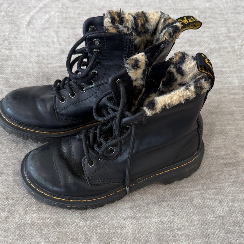 Dr. Martens Black Leather Lace-Up Boots with Faux Fur Trim